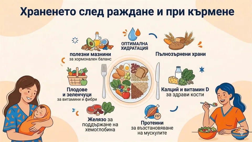 Инфографика „Храненето след раждане и при кърмене“ с полезни мазнини, хидратация, пълнозърнести храни, плодове, зеленчуци, желязо, калций и протеини
