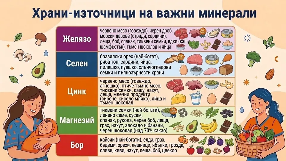 Инфографика с хранителни източници на важни минерали — желязо, селен, цинк, магнезий и бор