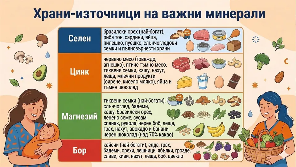 Инфографика с хранителни източници на селен, цинк, магнезий и бор