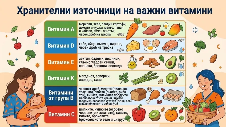 Инфографика с хранителни източници на витамини A, D, E, K, група B и витамин C